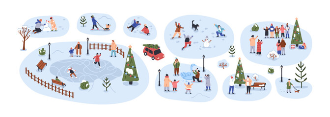 Poster - Winter activities and funs set. Happy active people on Christmas holiday. Families, kids at wintertime leisure, playing snowball, skating outdoor. Flat vector illustration isolated on white background