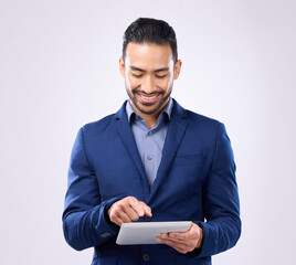 Aufkleber - Asian man, business and tablet in studio for communication and network connection. Happy male model isolated on a gray background with tech for mobile app, online chat and typing search on internet