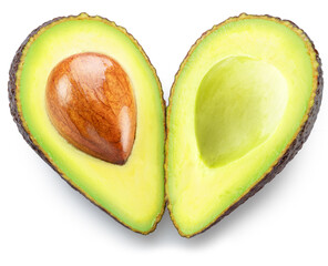 Canvas Print - Avocado heart, two halves of an avocado look like a heart shape isolated on white background. Clipping path.