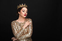 Beautiful Young Woman Wearing Luxurious Crown On Black Background, Space For Text
