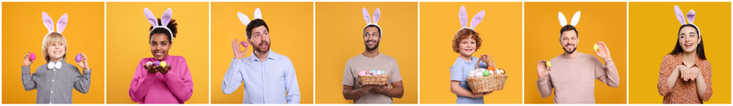 Wall Mural - Easter celebration. Collage with photos of people in bunny ears headbands on orange background