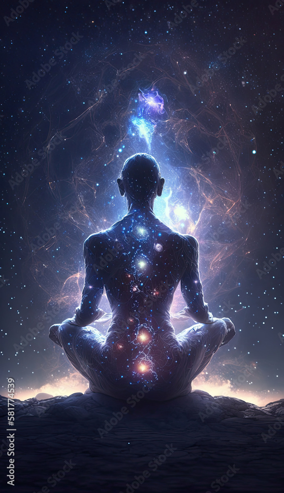 Yoga concept with back view man sitting in lotus pose against starry ...