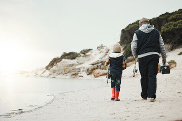 Poster - Bonding, back and child with grandfather for fishing, recreation and learning to catch fish at beach. Morning, holiday and boy on walk by the sea with elderly man for a new hobby together on mockup