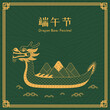 Dragon boat carrying zongzi dumplings, waves, Chinese text Dragon Boat Festival, gold on green design. Hand drawn vector illustration. Holiday decor, card, poster, banner concept, element. Line art