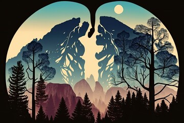 Wall Mural - The lungs in silhouette against a background of mountains. The lungs of the earth are trees. air filtration. Mountains. ecological theory. Generative AI