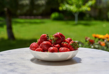 Fresh ripe organic red berry strawberries in white bowl on the marble table  . Backyard background. Garden harvest. Season fruits. 