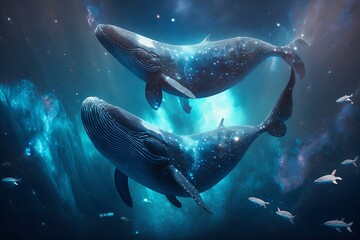 Wall Mural - Whales floating through the Milky way, rich colours. Generative AI.