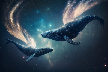 Whales floating through the Milky way, rich colours. Generative AI.