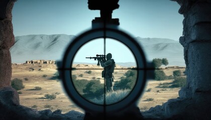 Sticker - View through scope sniper rifle to military soldier with gun, sniper aiming for take a shot and eliminate enemy, preparing for accurate shot. Sniper scope view to enemy on open space, generative AI