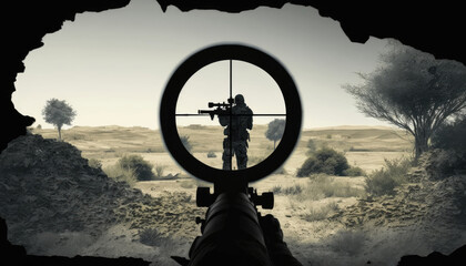 Wall Mural - View through scope sniper rifle to military soldier with gun, sniper aiming for take a shot and eliminate enemy, preparing for accurate shot. Sniper scope view to enemy on open space, generative AI