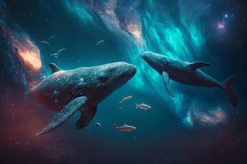 Wall Mural - Whales floating through the Milky way, rich colours. Generative AI.