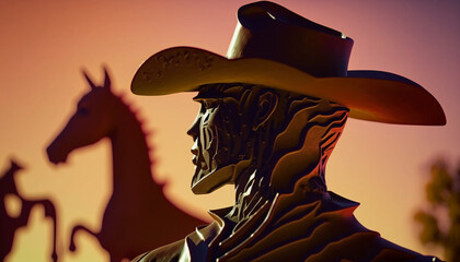 Wall Mural -  cow-boy shot Flat, Sculpture, brash colors Dreamy, sunset lighting Generative AI