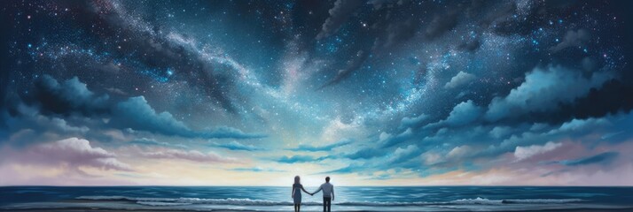 Wall Mural - Young couple in love standing on the beach, romantic night under milky way stars, vast panoramic ocean view, summer evening vacation, serenity and peace, enjoying the moment together - generative AI