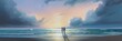 © Everlasting Dreams - Young couple in love standing on the beach, romantic sunset dusk blue sky clouds, vast panoramic ocean view, summer night vacation, serenity and peace, enjoying the moment together - generative AI