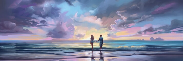 Wall Mural - Young couple in love standing on the beach, romantic sunset dusk blue sky clouds, vast panoramic ocean view, summer night vacation, serenity and peace, enjoying the moment together - generative AI