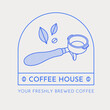 Coffee logo template. Portafilter, coffee bean, and coffee leaves. Line art. Vector illustration for coffee shops, cafes, and restaurants.