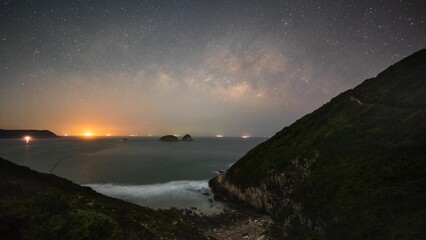 Poster - night sky time lapse reveals milky way over ham tin wan beach sai kung hong kong