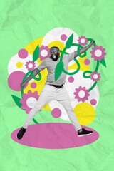 Vertical collage image of astonished positive black white gamma guy tied painted flowers isolated on creative background