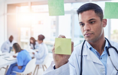 Aufkleber - Doctor, man and planning on glass board for hospital management, test notes and phd innovation. Healthcare worker writing ideas of medical research, surgery schedule and medicine logistics in clinic