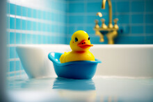 Yellow Rubber Duck In Blue Bathtub With Faucet In The Background. Generative AI.