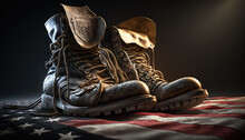Old Army Combat Boots Stand Against The Background Of The American Flag Created With Generative AI Technology