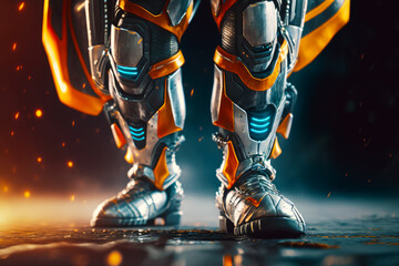 Poster - Close up of the legs and feet of robot in futuristic space suit. Generative AI.