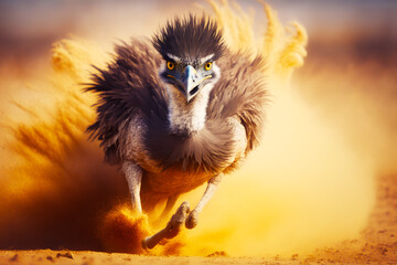 Sticker - Image of bird that is running in the sand with dust in the air. Generative AI.