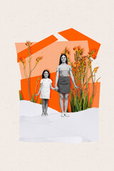 Sticker - Collage 3d image of pinup pop retro sketch of charming mom daughter walking growing flowers isolated painting background