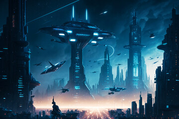 Canvas Print - Futuristic city at night with lot of spaceships in the sky above the city. Generative AI.