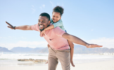 Wall Mural - Beach, black man flying with child on back and playful family holiday in Australia with freedom and energy. Travel, fun and happy father and girl with smile playing and bonding together on vacation.