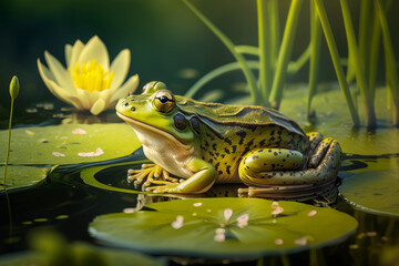 Wall Mural - Frog sitting on lily pad in pond with yellow flower in the background. Generative AI.