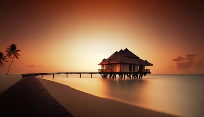 Overwater bungalow at sunset. Amazing paradise islands of Maldives. Generative AI