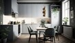 © Csaba - Scandinavian interior style luxury kitchen with dining table and fridge. Generative AI