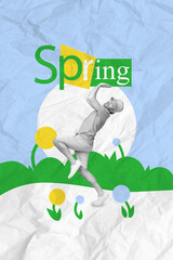 Sticker - Collage 3d image of pinup pop retro sketch of funny funky guy enjoying spring coming isolated painting background