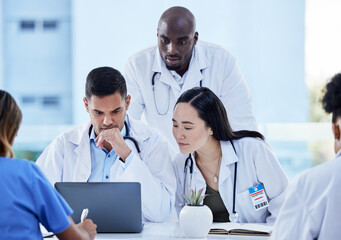 Poster - Healthcare, doctors and thinking on laptop for teamwork analysis, test results and medicine research. Diversity, medical group and computer planning for information, hospital collaboration and review