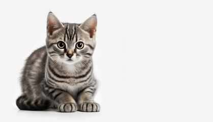 Canvas Print - Gray and white striped kitten sitting on white background. Generative AI.