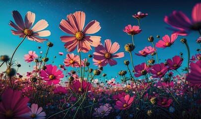 Wall Mural -  a field full of pink flowers with a blue sky in the background.  generative ai