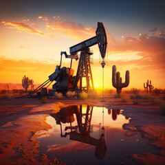 Poster - An oil pump in the desert at sunset. Generative AI.