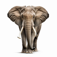 Poster - An elephant with tusks walking on white background. Generative AI.