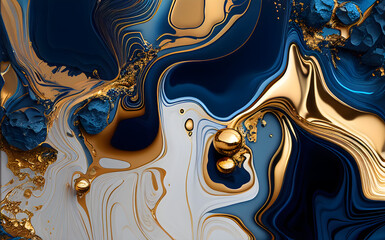 Swirl of blue gold marble abstract background, Liquid marble design abstract, blue ocean azure tones with golden, Paint marble texture. Alcohol ink colors, Generative Ai.