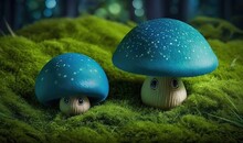  Two Blue Mushrooms Sitting On Top Of A Lush Green Field.  Generative Ai