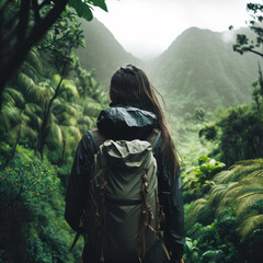 Poster - Woman with backpack is walking through the jungle. Generative AI.