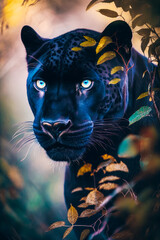 Poster - Black panther with blue eyes in the woods. Generative AI.