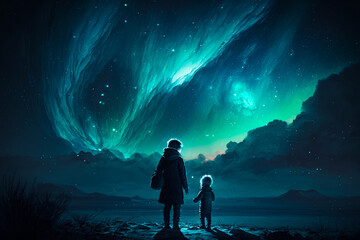 Poster - Two people looking at the aurora lights in the sky. Generative AI.