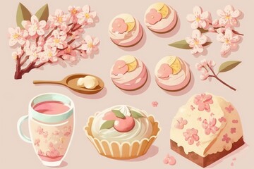 Sticker -  a cup of coffee, a cupcake, a spoon, and a cupcake on a pink background.  generative ai