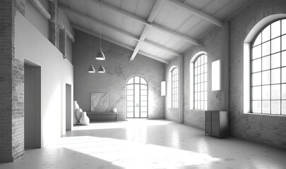 Poster -  a large room with a lot of windows and a white floor.  generative ai