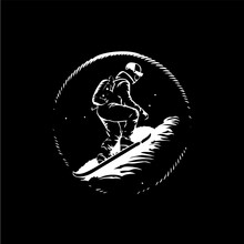 Snowboarding Logo Template, Snowboarder Emblem, Dotwork Tattoo With Dots Shading, Tippling Tattoo. Hand Drawing Emblem On Black Background For Body Art, Monochrome Sketch Art. Vector Illustration