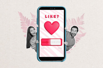 Sticker - Photo collage artwork minimal picture of smiling happy couple meeting gadget dating application isolated drawing background