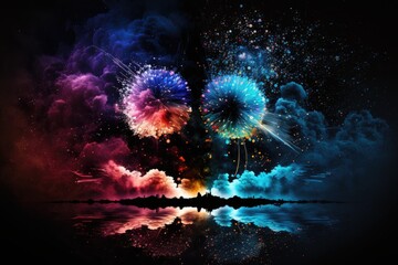 Wall Mural - Black sky with blue and colorful fireworks in the foreground. Generative AI