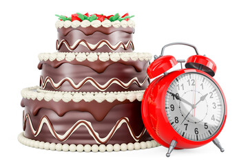 Poster - chocolate cake with alarm clock, 3d rendering